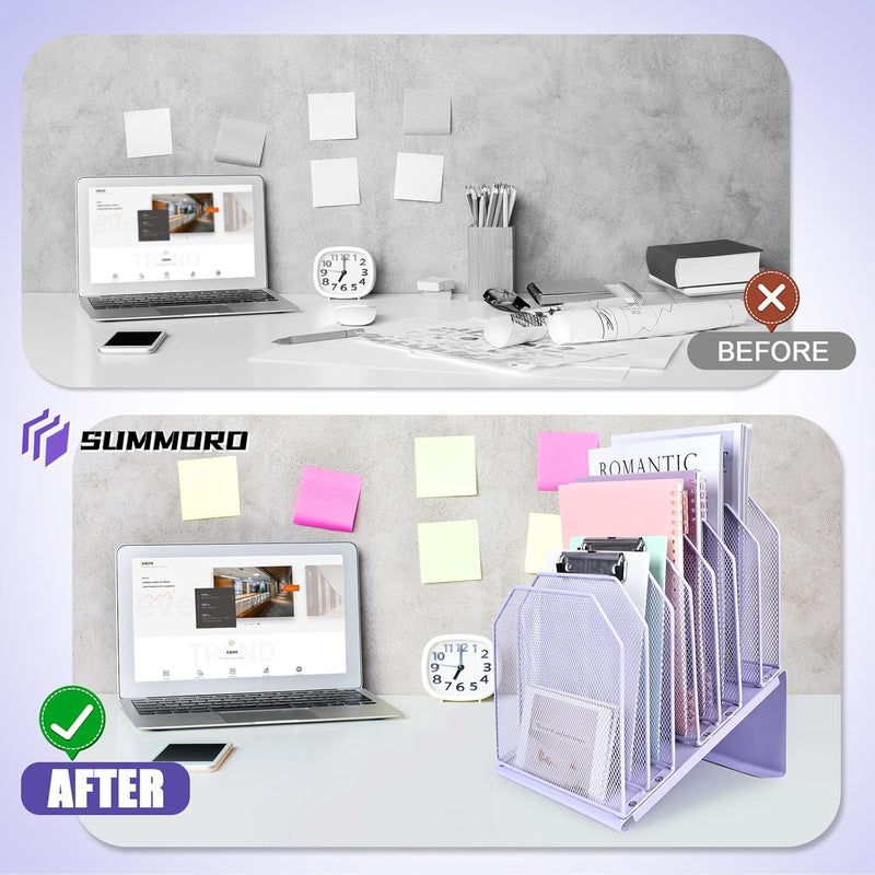 SUMMORE Inclined File Organizer for Desk, 7-Tier Vertical File Folder Holder Office Desk Organizer Metal Rack File Wire Mesh Desktop Document Sorter for Office School Classroom Home (Purple) - Image 4